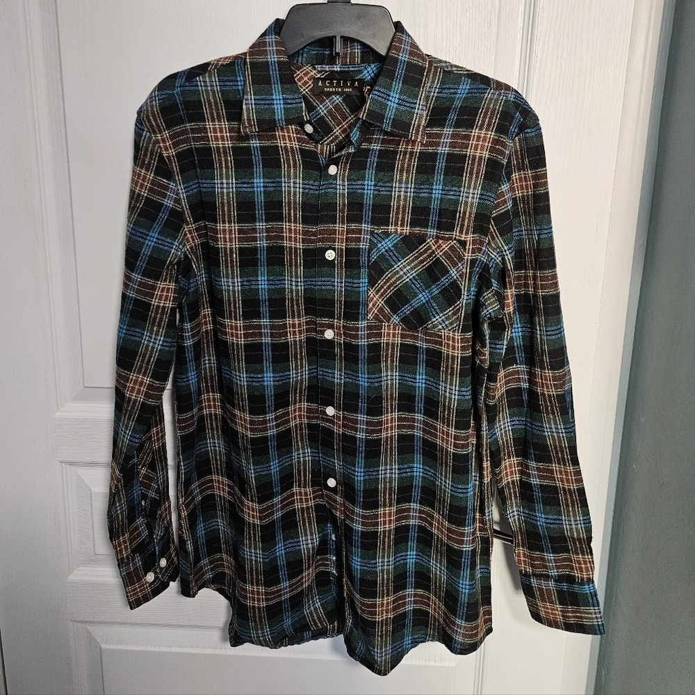 Activa Sports Inc Plaid Shirt Buttondown Cabincore Black Brown Blue Mens Small
